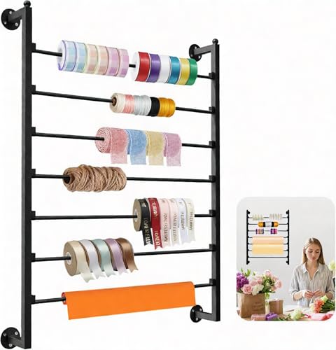Image of 7 Tier Ribbon Storage Organizer, Wall Mounted Ribbon Organizer, Wrapping Paper Rack, Metal Ribbon Storage Craft Room Cake Shop Flower Store Scarf Belt-Black
