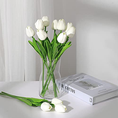 Sojiruspa White Tulips Artificial Flowers 20 Pcs Fake Faux Tulips Pu Real Touch Tulips Fake Flowers For Home Office Wedding Decor Arrangement Bouquet Faux Flowers For Decoration #TOP5