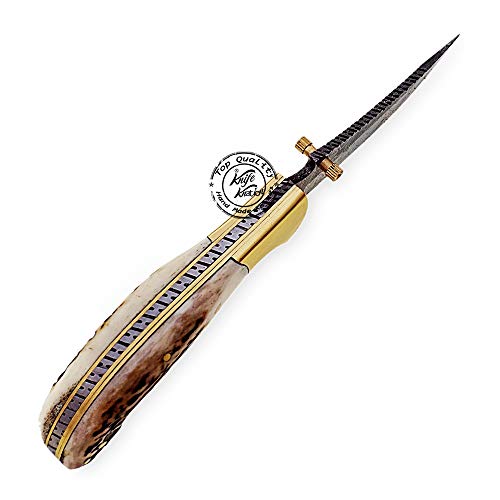 Beautiful Stag Horn 7.25" Damascus Steel Folding Pocket Knife With Brass Bolster, 100% Prime Quality #TOP3