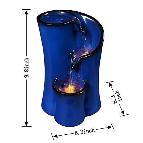 Indoor Water Fountain Imitation Ceramics Appearance Tabletop Fountain Relaxation Desktop Waterfall Fountain w/ 3 Reflective led, 9.8 Inch Tall Fountain (Blue)