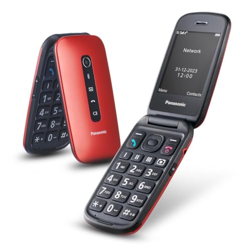 Panasonic KX-TU550EXR 4G Essentials Clamshell mobiltelefon för seniorer, 1,2 MP kamera, seniortelefon med stor 2,8 tums skärm, 300 timmars standby-tid, röd