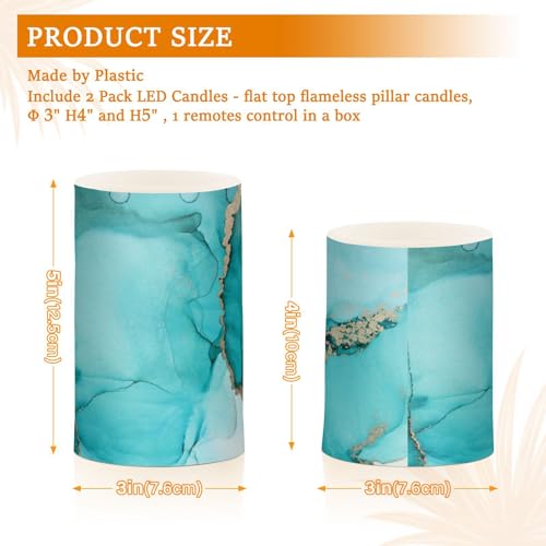 Image of Eionryn Teal Turquoise Marble Texture Flameless Candles Black and Gold Battery Operated LED Candles with Remote Timer Electric Candles for Home Party Decor 2pcs
