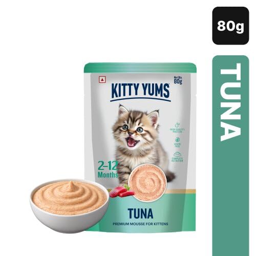 Image of Kitty Yums Wet Kitten Food Mousse Variety Pack | Salmon, Ocean Fish, Tuna & Chicken | 80g x 3 Each | Pack of 12 | Mousse for Kittens