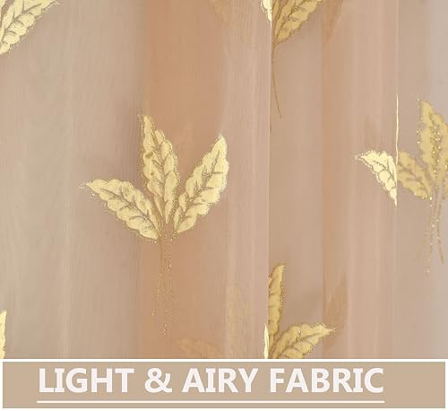 Image of IVAZA Polyester Semi-Transparent Leaf Embroidered Curtain ? Sheer Voile Panel with Eyelets ? Lightweight & Airy ? Ideal for Living Room, Bedroom, Balcony Long Door- 9 Feet (Pack of 2) Beige