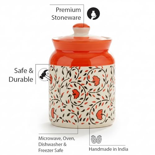 Image of D'Maiolica Ceramic Pickle Kitchen Jars in 1000ml | HandCrafted 1 kg Achaar Martban Barni | Ceramic Storage Containers | Jars for Achar, Spices, Salt (set of 2) (Red Floral Bale)