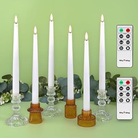 Rhytsing 11.4" Flameless Taper Candles with Timer Function, Battery Operated Dinner Tall Candlestick Rustic Wax, Warm White LED, 2 Remotes Included - Set of 6 (White) Cover