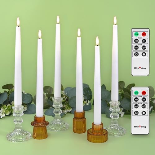 Image of Rhytsing 11.4 inch Flameless Taper Candles with Timer Function, Battery Operated Dinner Tall Candlestick Rustic Wax, Warm White LED, 2 Remotes Included - Set of 6 (White)