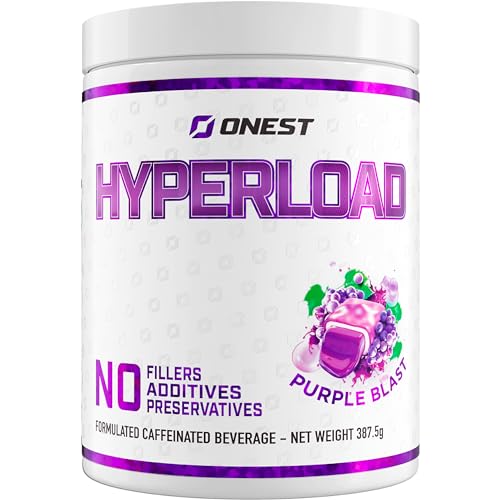 Onest Hyperload Pre Workout Supplements 387.5g | 25 Servings Workout Powder for Men & Women | Enhances Muscle Power & Energy | Caffeine, L-Citrulline Malate, Alanine, L-Theanine Sports Drink Powder (Hyperload, Purple Blast Flavour)