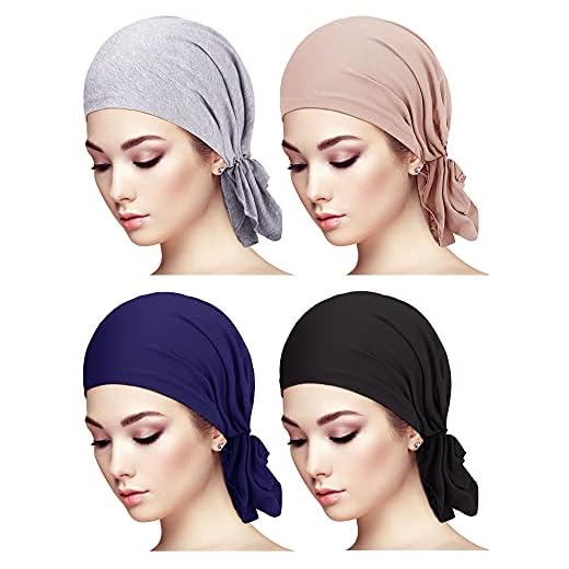 Syhood 4 Pcs Slip-on Pre-tied Head Scarves, Grey, Camel, Navy Blue, Black