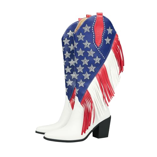 DETOGNI Women's Fringes American Flag Mid-Calf Western Boots Sparkling Stars Rhinestones Tassels Chunky Heels Cowboy Boots2