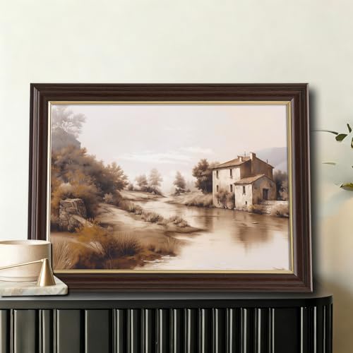 Image of Framed Vintage Countryside River Canvas Wall Art, Sepia Tone Farmhouse Landscape Canvas Prints Pictures, Rustic European Wall Decor for Living Room Bedroom Farmhouse Home