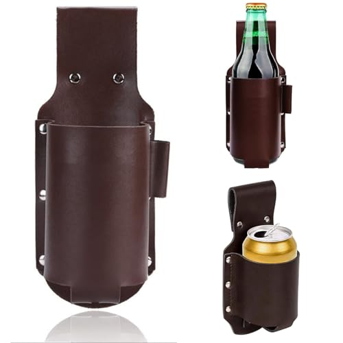Funda de Piel para Botellas de Cerveza, Funda de Cerveza para Refrescos, Funda de Cerveza, Cinturón Portabotellas, Cervezas Latas de Bebidas pour le Camping, la Pêche et le Barbecue (Marron)