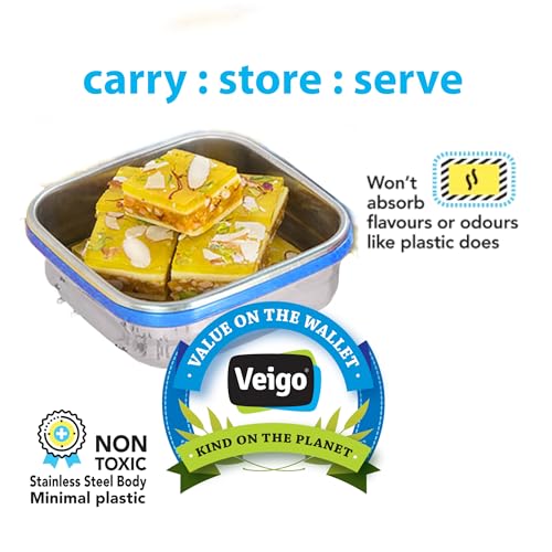 Image of Veigo Stainless Steel Snack Box 300 ml, Airtight Leakproof Kids Tiffin for School & Office, Freezer Dishwasher Safe, Silicone Ring Polymer Frame, Safe Lid Lock, Compact Lunch Box - Dark Blue, Medium