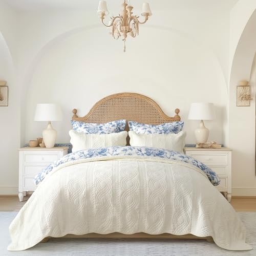 EverGrace 100% Cotton Scallop Quilt Set, King Size, Ivory Cream