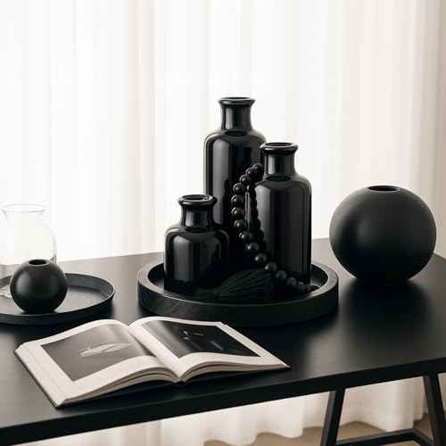 5 Pcs Rustic Tabletop Centerpieces Decor Set of 3 Boho Ceramic Vases with Wooden Serving Tray Wood Bead Garland Tassels Table Holder for Home Decorations (Black) - Image 5