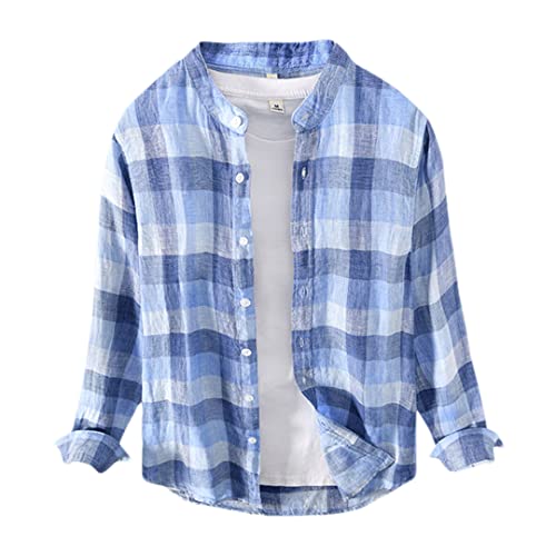 Chemise en lin homme manches longues col montant rayée carreaux bleu taille M