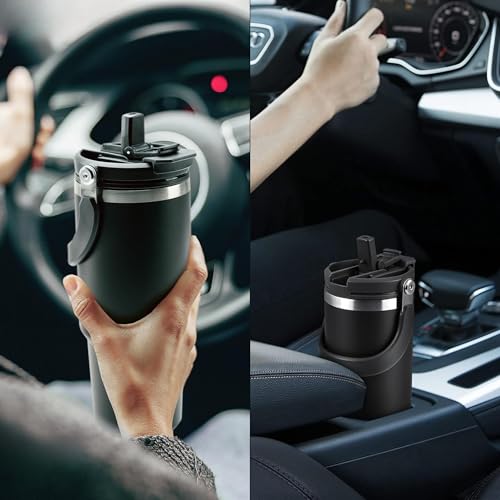 Image of MaxSip 890ml Car & Desk Mug | Double Action Lid - Flip Top & Straw | Stainless Steel 304 | Vacuum Insulated Tumbler | Black Travel Mug (Dual lid)