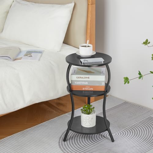 Vintage Small Round Side Table, 3-Tier Slim Waist Circular End Table with Storage Shelf, Compact Tea Sofa Side Table, Round Corner Coffee Table Nightstand for Living Room Bedroom Small Spaces,Black - Image 5