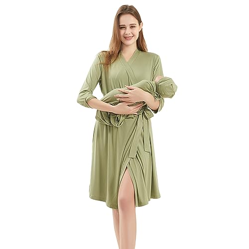 Image of Galabloomer Maternity Robe and Baby Receiving Blanket, Matching Mommy Labor Delivery Robe and Swaddle Set (l, sage)