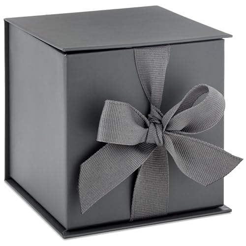 Hallmark Small Gift Box with Bow and Shredded Paper Fill (Gray 4 inch Gift Box) for Weddings, Graduations, Birthdays, Father's Day, Groomsmen Gifts, All Occasion