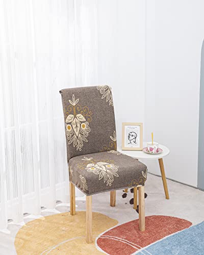 Image of House of Quirk Elastic Chair Cover Stretch Removable Washable Short Dining Chair Cover Protector Seat Slipcover (Pack 4, Beige Brocade), Polyester