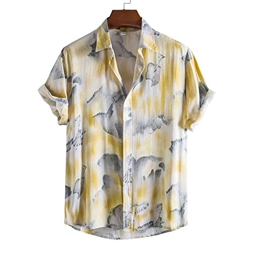 Chemise décontractée d'été homme en coton anti-transpiration à imprimé tropical jaune de fête