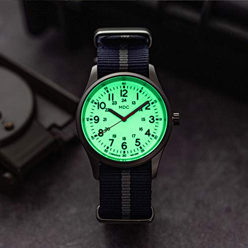 Infantry Mens Military Field Watch,Luminous Glow in The Dark Dial,Analog Tactical Wristwatch w/ 12/24 Hr Time,Japanese Quartz Movement,Breathable Blue Nylon Band,Reliable Work Watch for Men