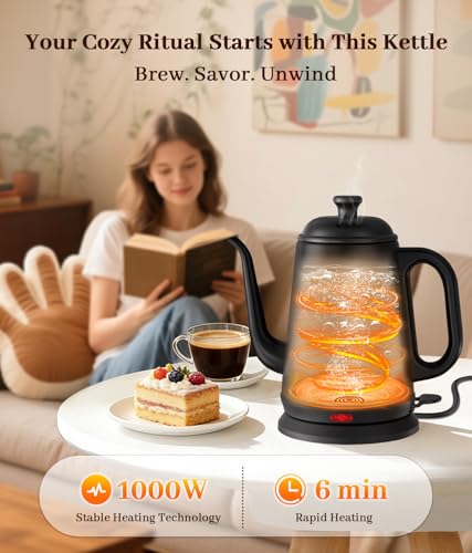 YTLAD Gooseneck Electric Kettle 1L, 1000W Fast Boiling for Pour-Over Coffee & Tea, 304 Stainless Steel BPA-Free, Precise Flow Spout, Auto Shut-Off & Boil-Dry Protection, Retro Style (Black) — view 2