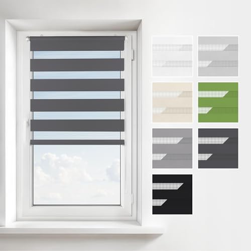 Estika Doppelrollo Klemmfix ohne Bohren – Breite: 140 cm – Höhe: 120 cm – Farbe: Anthrazit – Jalousie für Innenfenster, Duo-Rollo, Fensterrollo innen