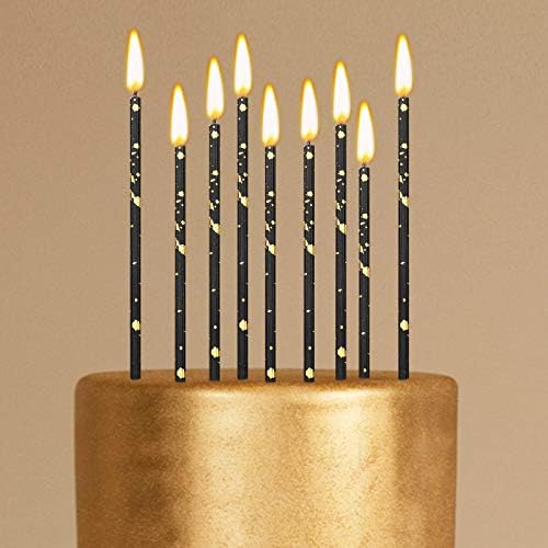 Threlaco 24 Pack Long Thin Birthday Candles for Cakes, Cupcakes, Weddings, Anniversaries, Graduations, Retirement Parties - Decorative Cake Candles for All Celebrations(Black Gold)