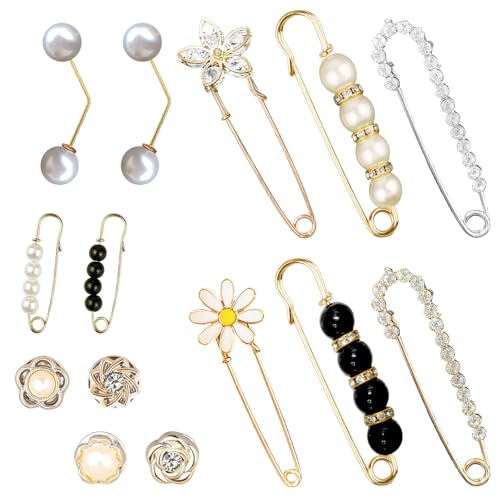 Image of 14 Pieces Brooch Safety Pins Pearl Brooch Button Pin Pant Waist Tightener Pins for Clothes Sweater Shawl Collar Dress Cardigan Shirt Jeans Accessories for Women Girls