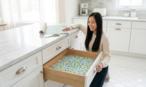 Image of Dribble EVA Shelf Liner Mat 45x500cm Roll, Non Slip Drawer & Cabinet Liner for Kitchen, Waterproof Oilproof Washable Fridge Mat, Anti Skid Cupboard Wardrobe Multipurpose Mat (Yellow /Blue)