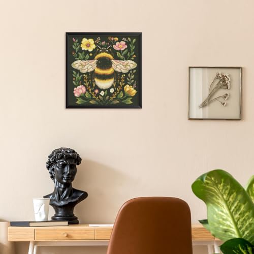 Image of FREEBLOSS 11CT Stamped Cross Stitch Kit for Adults Beginners with Instructions Bees and Floral Pattern Cross Stitch Wall Hanging Kit Embroidery Wall Art Decoration No Frame 18x18in