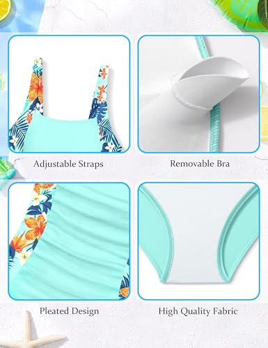 Image of BAVEDER Girls Swimsuit One Piece Swimsuits Solid Ruched Bathing Suit for Girls Full Coverage Modest Padded Swimwear 9-18y