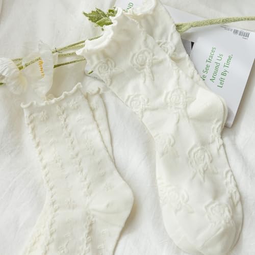Image of Starella Womens Cute Floral Ruffle Frilly Socks Cotton Goth Preppy Dress Sock for Mary Janes 5 Pairs