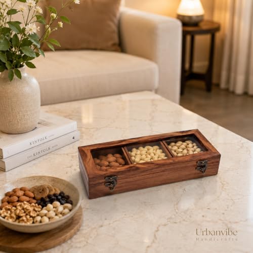 Image of Wooden Spice Box with Glass Lid & Spoon | Sheesham Wood Masala Dabba Organizer | 3 Compartments Spice Storage Container for Kitchen | Handmade Masala Box (Brown)