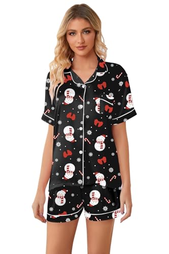 Image of Schbbbta Pajamas for Women, Satin Silk PJS Set 2 Piece Button Down Short Sleeves Sleepwear Soft Comfy Sexy Homewear Outfit, R Christmas Snowman Black, Medium