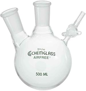 Chemglass AF-0530-24, Airfree Schlenk Double Neck Reaction Flask, Round Bottom, 500mL Capacity, 24/40 Outer Joint, 2mm PTFE