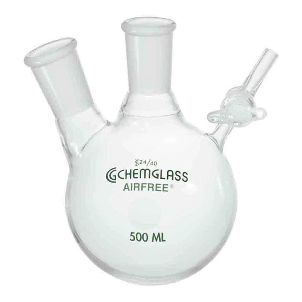 Chemglass AF-0530-25, Airfree Schlenk Double Neck Reaction Flask, Round Bottom, 100mL Capacity, 24/40 Outer Joint, 2mm PTFE
