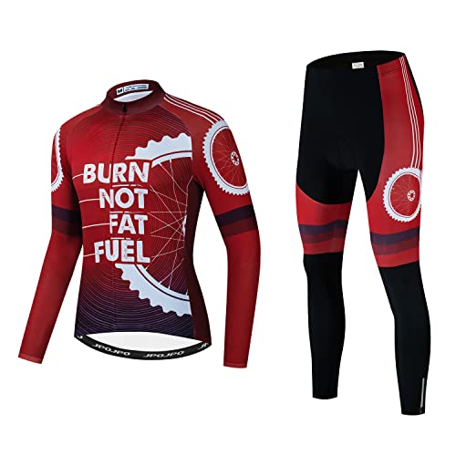 JPOJPO Men's Cycling Jersey Set Long Sleeve T-Shirt Bike Clothing+5D Gel Padded Pants Quick-Dry Bicycle Clothing Kit S-3XL Red