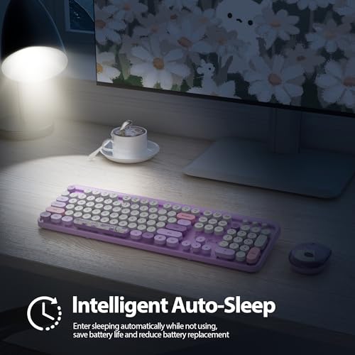 Image of Fogruaden Wireless Keyboard and Mouse Combo 2.4GHz Retro Typewriter Keyboard, 104 Keys Full Size Round Keycap Cute Keyboard and Mouse with Number Pad, Purple Colorful Keyboard for Windows PC Laptop