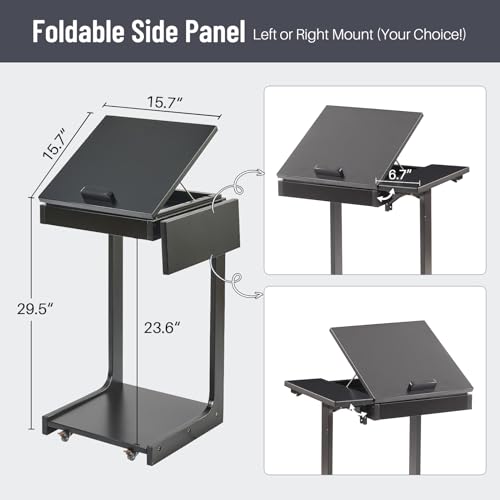 Image of Uniclinens C Shaped End Table for Couch, Rolling Side Table with Wheels Adjustable, Solid Wood TV Sofa Arm Eating Tray Table for Multi-Purpose, Small Coffee Table Living Room Bedroom, Black
