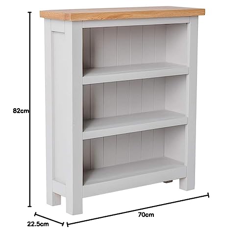Farro Small Living Room Grey Bookcase for Small Spaces | Roseland Furniture Contemporary Low Painted Pine Solid Wooden Childrens Bookshelf with 3 Shelves with Oak Top for Bedroom or Hallway - Image 2