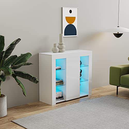 Holaki Led Sideboard,Kitchen Sideboard Cupboard,High Glossy Front Dining Room Buffet Storage Cabinet With 3-Tiers Storage Shelf And Door,Buffet Table Bar Cabinet For Kitchen Dining Room Hallway(White) #TOP2