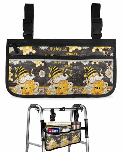 Walker Basket Accessories Honey Bee Gnome Wheelchair Bag with Cup Holder for Folding Walker-Water Resistant Home Decor Daisy Flower Black Seniors Walker Tray Pouch