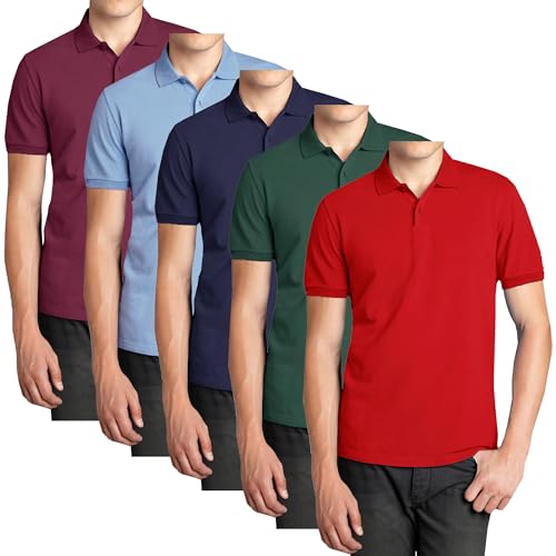 Galaxy by Harvic 5-Pack Men’s Short Sleeve Pique Polo Shirt Modern-Fit with Ribbed Collar and Breathable Cotton-Blend Fabric