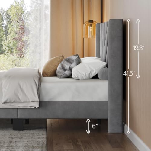 Image of Yaheetech King Bed Frame Upholstered Platform Bed /Wooden Slat Support /Tufted Headboard with Wing Side /Mattress Foundation /No Box Spring Needed,Light Gray King