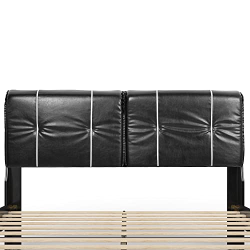 Bonsoir Queen Size Bed Frame Upholstered Low Profile Modern Platform Bed With Faux Leather Headboard/No Box Spring Needed/No Bed Skirt Needed/Black Faux Leather (Black) #TOP7