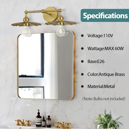 Image of Vintage Brass Bathroom Light Fixtures, 2-Light Flower Wall Sconce with Decorative Lotus Petal Metal Shades, Industrial Bathroom Vanity Light for Mirror, Bedroom, and Hallway