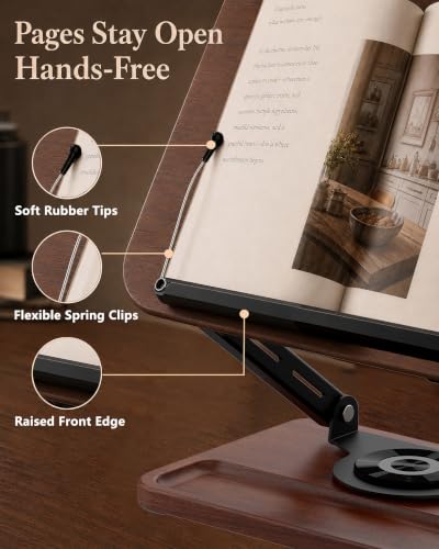 Adjustable Book Stand for Reading with Light, Book Holders for Reading Hands Free, Ergonomic Reading Stand for Cookbooks,Bibles,Laptop & Tablet with Page Clips & 360° Rotating Bases for Study & Office — view 6